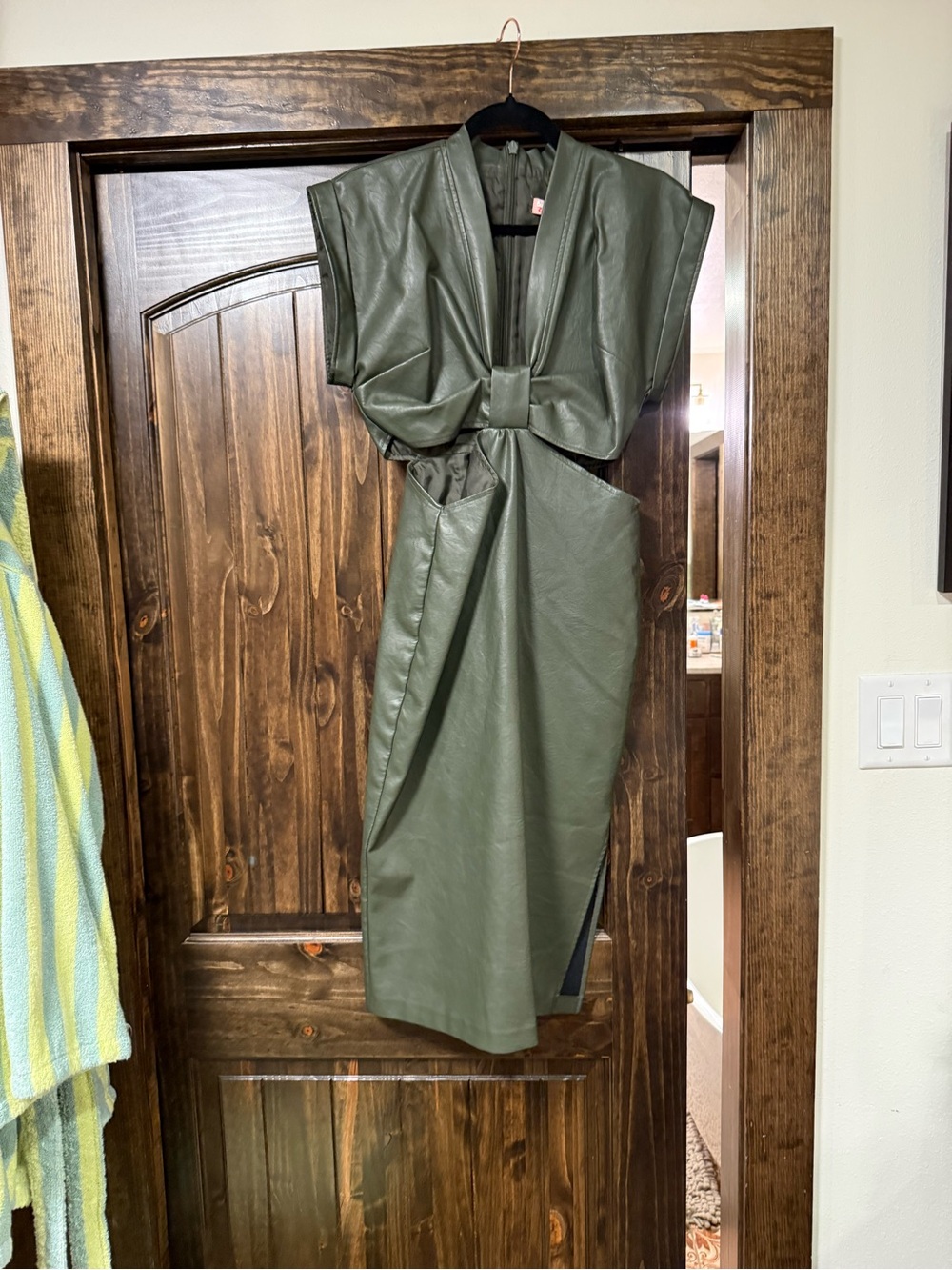 Eva Franco Olive Green Knot-Front Faux Leather Midi Dress